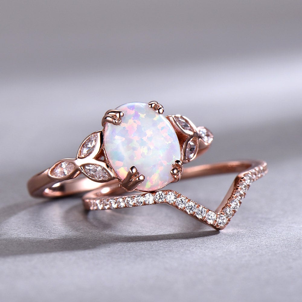 Opal Wedding Ring Set Opal Ring White Fire Opal Floral Engagment Ring Rose Gold Plated Unique Curve Wedding Band Silver Bridal Ring Set