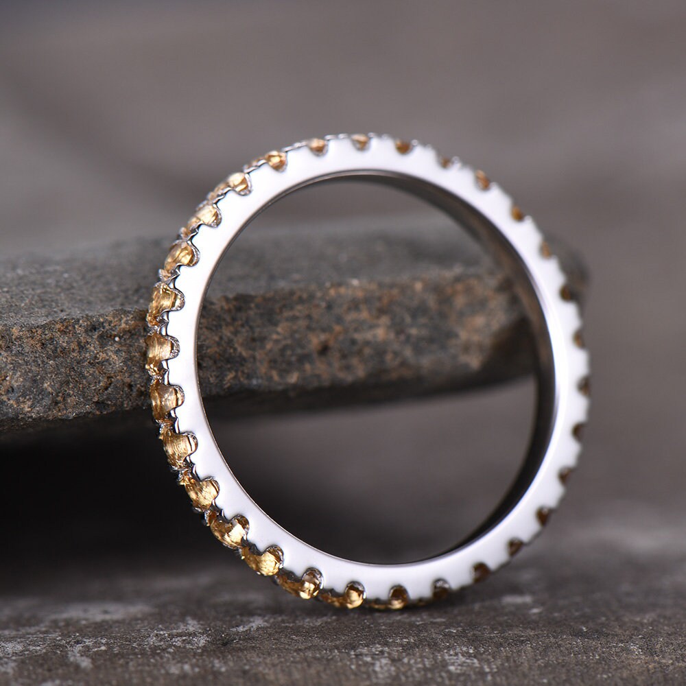 Citrine Wedding Ring Yellow Citrine Ring Full Eternity Band White Gold Plated Sterling Silver Stackable Band Annniversary Ring