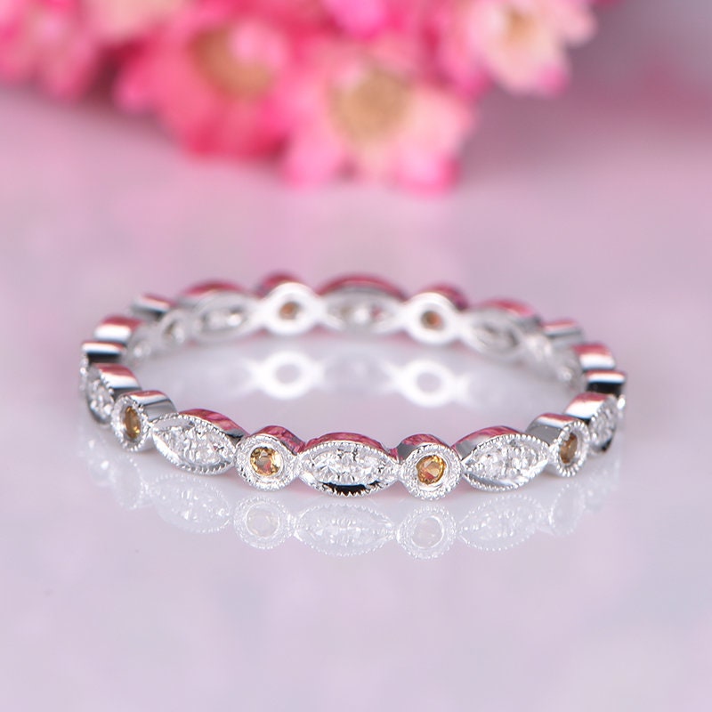 Citrine diamond wedding band full eternity diamond matching band natural stone milgrain promise ring solid 14k white gold art deco stacking