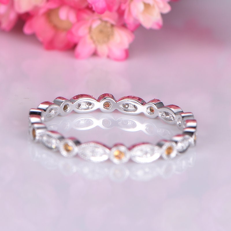 Citrine diamond wedding band full eternity diamond matching band natural stone milgrain promise ring solid 14k white gold art deco stacking