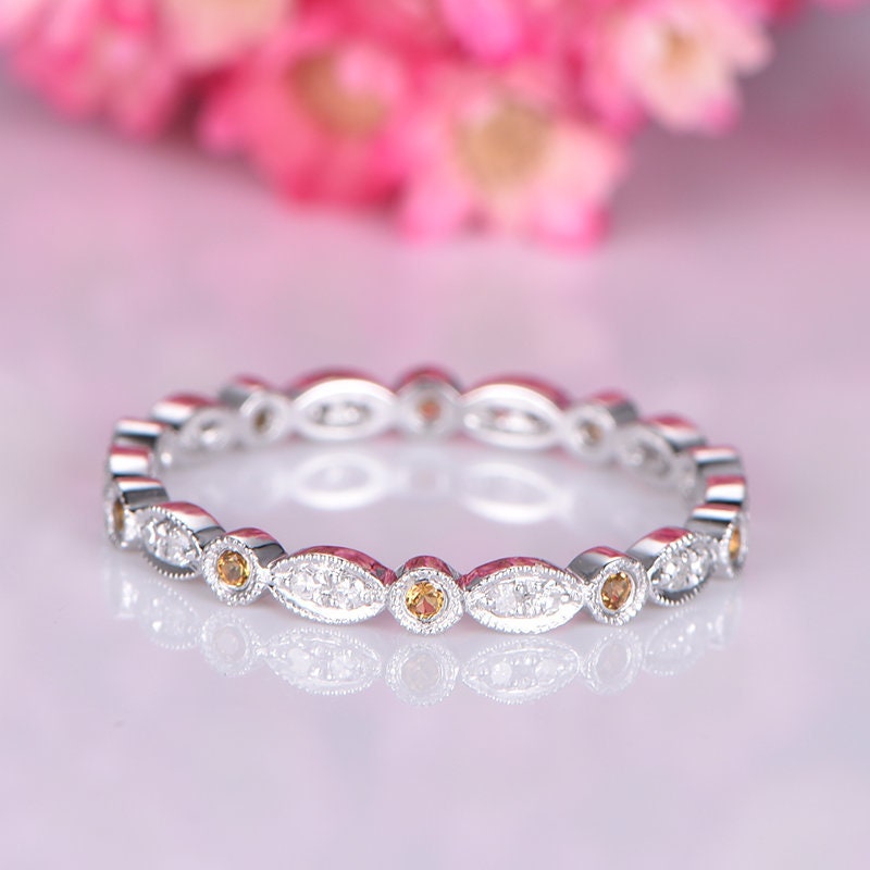 Citrine diamond wedding band full eternity diamond matching band natural stone milgrain promise ring solid 14k white gold art deco stacking