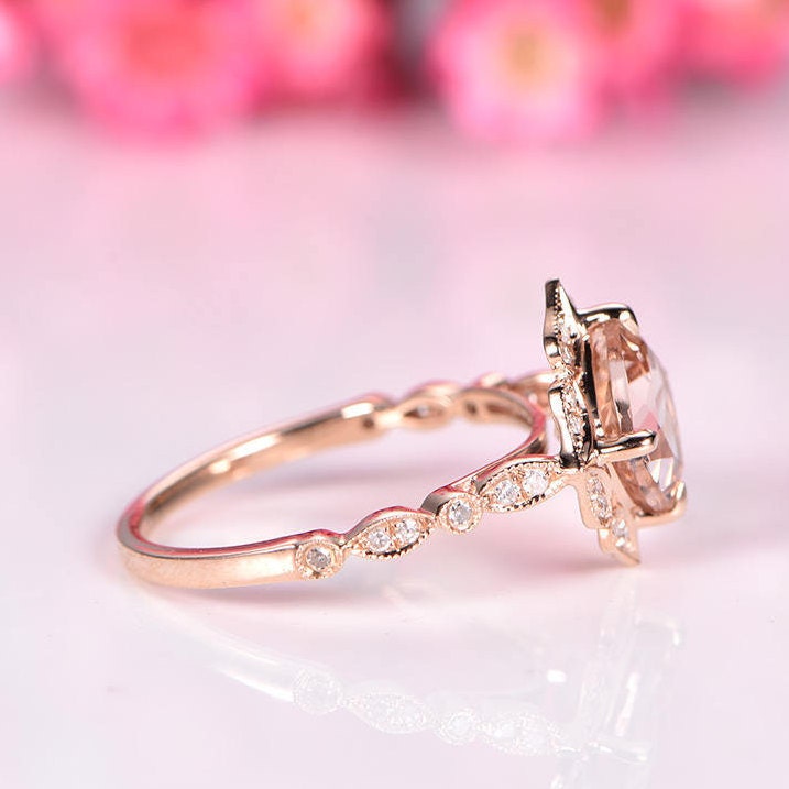 Natural morganite engagement ring 7mm cushion cut morganite ring floral diamond halo diamond wedding band solid 14k rose gold stacking ring