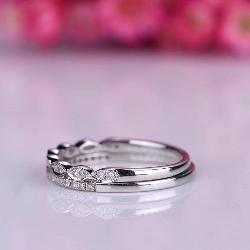 Diamond ring set diamond wedding band half eternity ring milgrain matching band stacking ring,14k white gold bridal ring petite ring