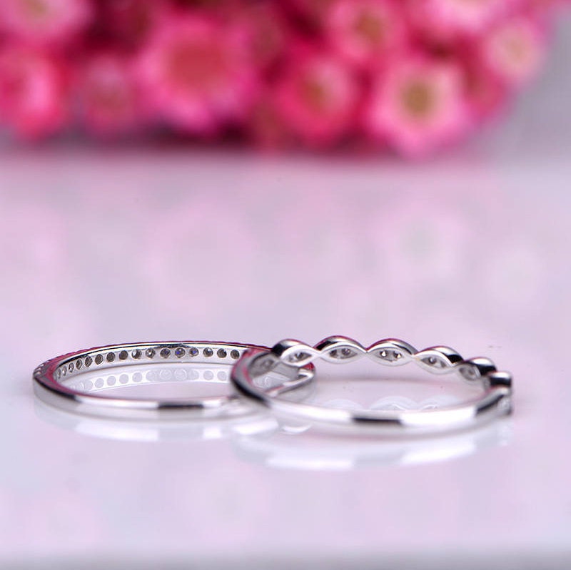 Diamond ring set diamond wedding band half eternity ring milgrain matching band stacking ring,14k white gold bridal ring petite ring