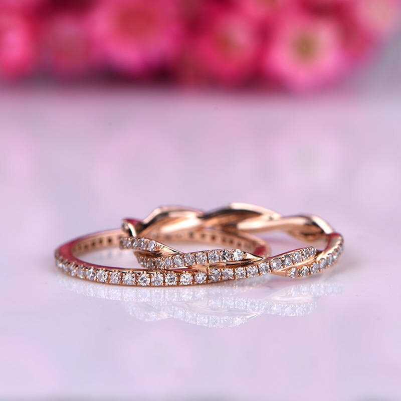 Diamond ring set diamond wedding band full eternity ring twisted style stacking ring solid 14k rose gold promise ring bridal ring set