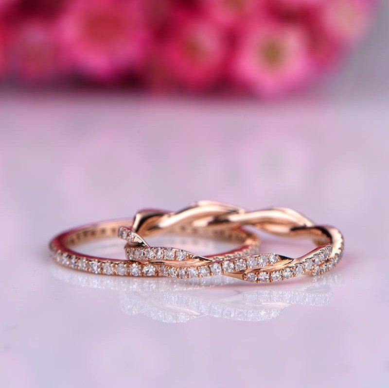 Diamond ring set diamond wedding band full eternity ring twisted style stacking ring solid 14k rose gold promise ring bridal ring set