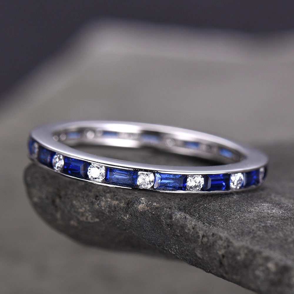 Sapphire Ring Baguette Cut Blue Sapphire And Diamond Simulant Wedding Band Full Eternity Sterling Silver Anniversary stacking rings
