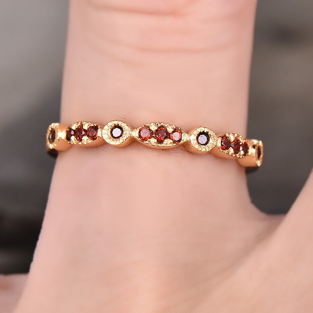 Red Garnet Wedding Band Art Deco Half Eternity Ring Sterling Silver Vintage Matching Band Milgrain Anniversary Gift