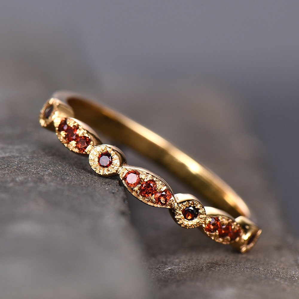 Red Garnet Wedding Band Art Deco Half Eternity Ring Sterling Silver Vintage Matching Band Milgrain Anniversary Gift