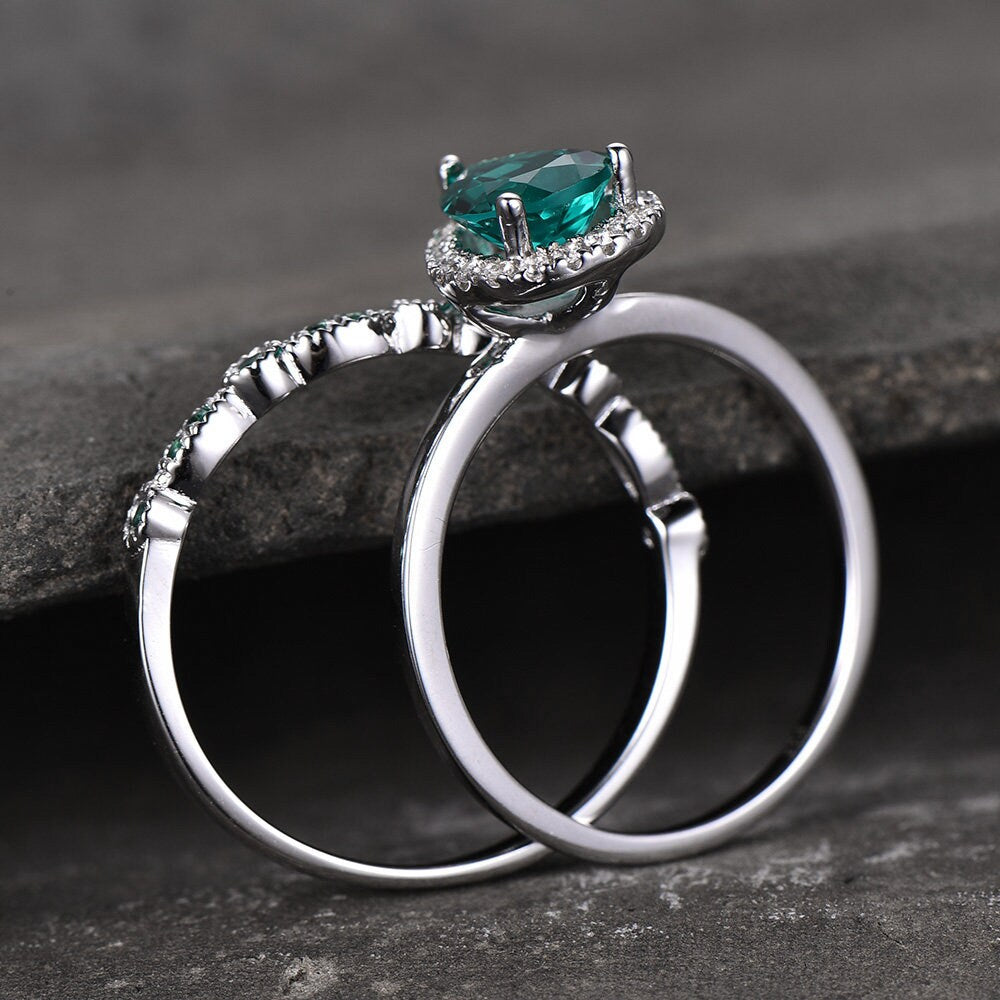 Emerald Wedding Ring Set 6x8mm Pear Emerald Engagement Ring Art Deco Wedding Band Vintage Bridal Set Promise Ring