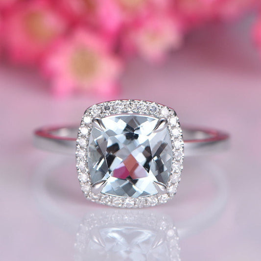 Blue Aquamarine engagement ring 14 white gold plain gold band diamond wedding ring natural 8mm cushion VS stone real diamond halo ring gift
