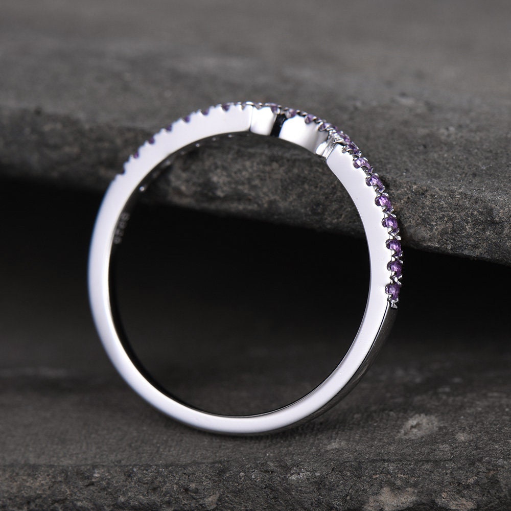 Sterling Silver Rings Amethyst Wedding Band Half Eternity Curved Ring White Gold Plated Anniversary Gift