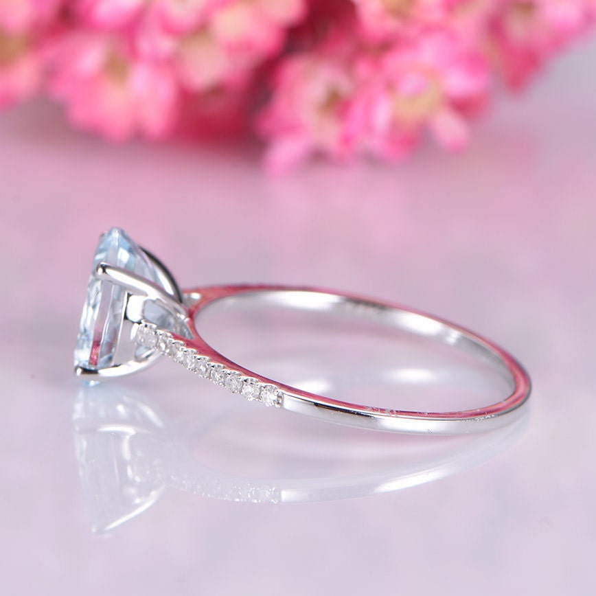 Natural oval aquamarine engagement ring white gold diamond eternity band 7x9mm VS blue aquamarine promise ring March stone anniversary gift