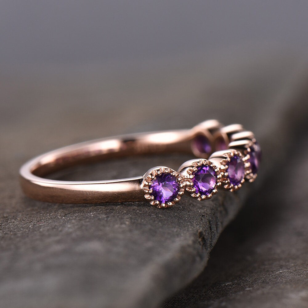 Art Deco Sterling Silver Ring Amethyst Wedding Band Half Eternity Ring February Birthstone Stackable Ring Matching Band Anniversary Gift