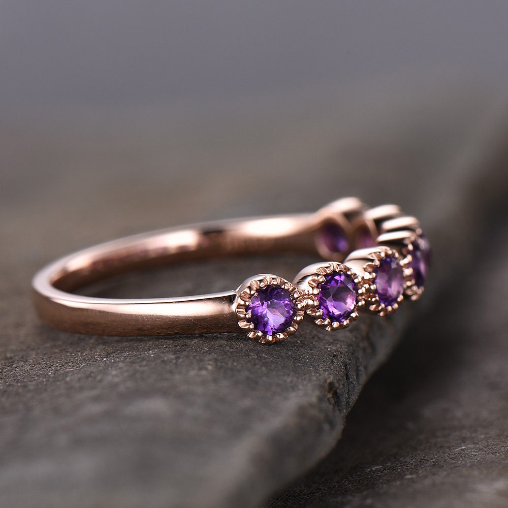 Art Deco Sterling Silver Ring Amethyst Wedding Band Half Eternity Ring February Birthstone Stackable Ring Matching Band Anniversary Gift