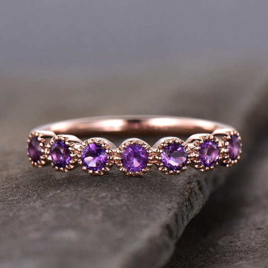Art Deco Sterling Silver Ring Amethyst Wedding Band Half Eternity Ring February Birthstone Stackable Ring Matching Band Anniversary Gift