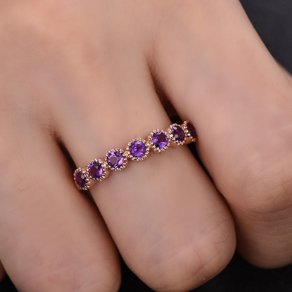 Art Deco Sterling Silver Ring Amethyst Wedding Band Half Eternity Ring February Birthstone Stackable Ring Matching Band Anniversary Gift