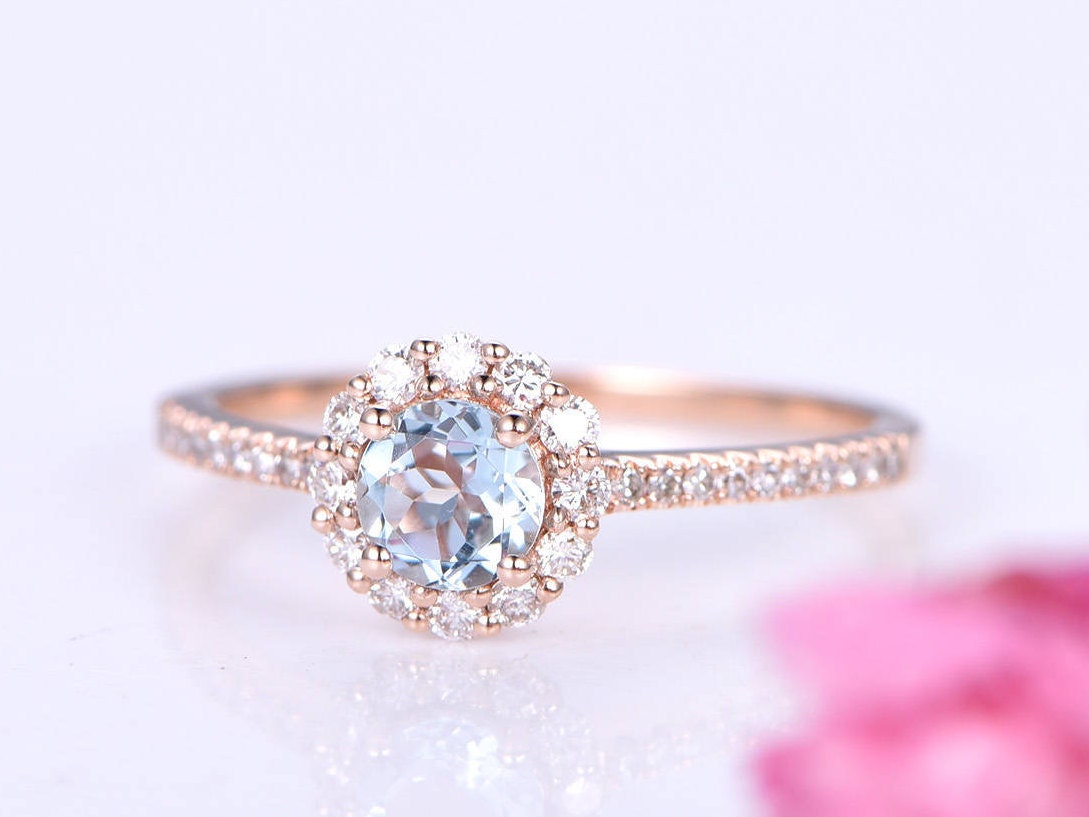 Aquamarine engagement ring 5mm round aquamarine ring floral moissanite halo half eternity diamond band anniversary ring solid 14k rose gold