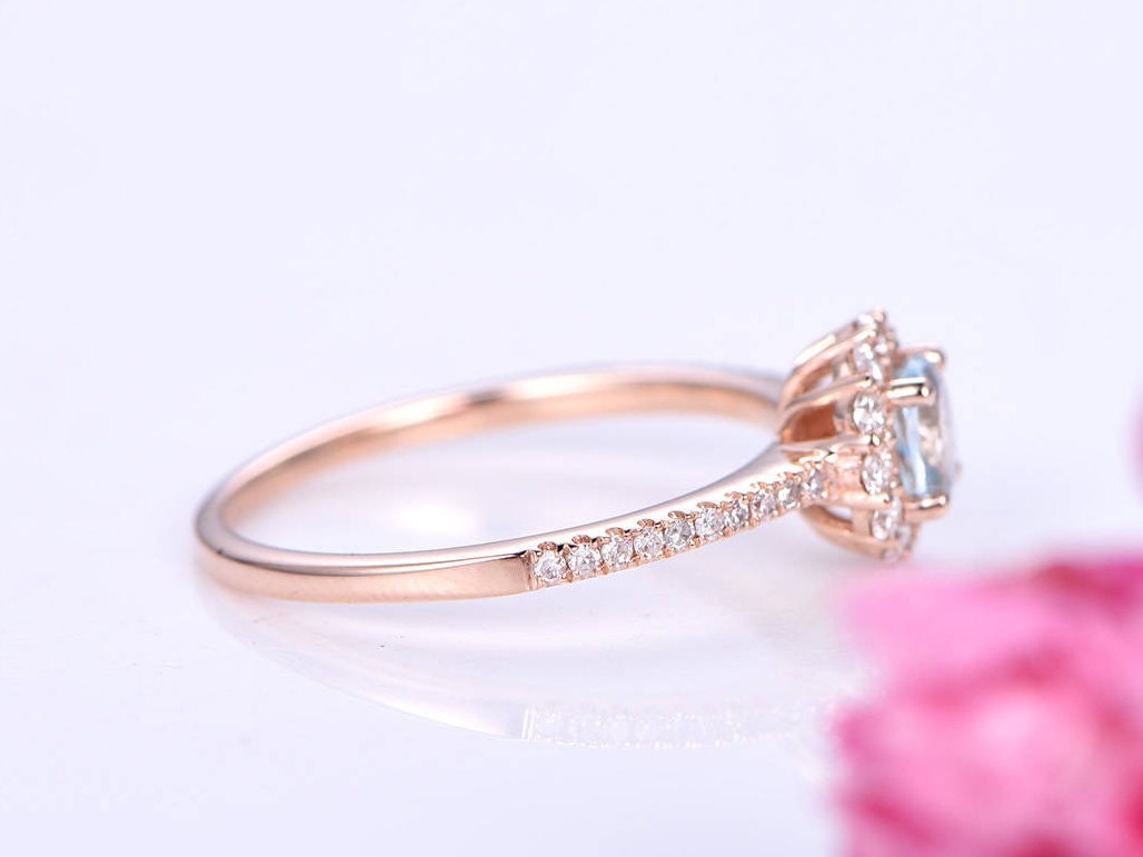Aquamarine engagement ring 5mm round aquamarine ring floral moissanite halo half eternity diamond band anniversary ring solid 14k rose gold