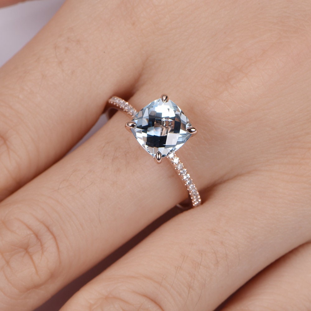 Aquamarine engagement ring rose gold diamond wedding band half eternity band 8mm cushion cut stone solitaire ring March gem handmade jewelry