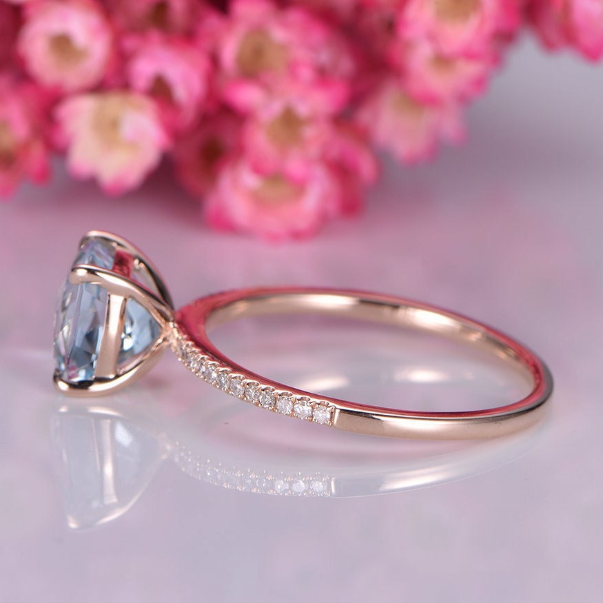 Aquamarine engagement ring rose gold diamond wedding band half eternity band 8mm cushion cut stone solitaire ring March gem handmade jewelry
