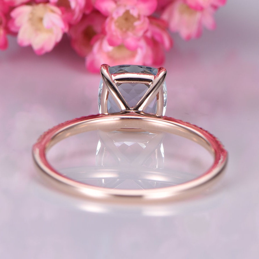 Aquamarine engagement ring rose gold diamond wedding band half eternity band 8mm cushion cut stone solitaire ring March gem handmade jewelry