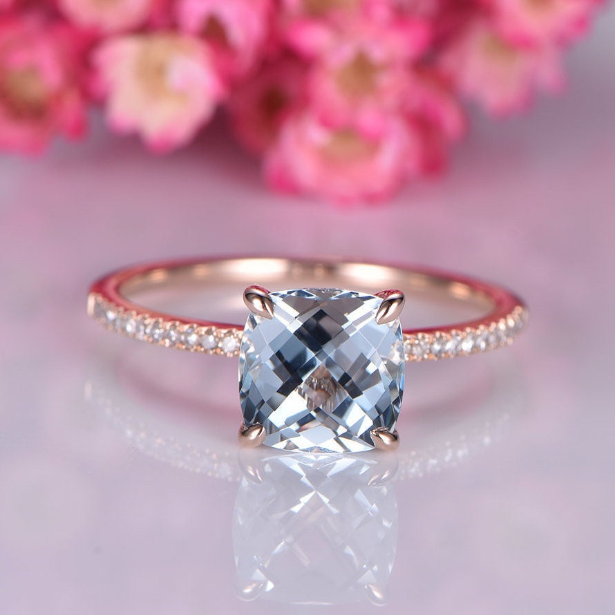 Aquamarine engagement ring rose gold diamond wedding band half eternity band 8mm cushion cut stone solitaire ring March gem handmade jewelry