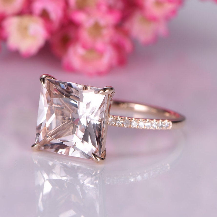 Morganite ring rose gold engagement ring diamond thin band 10mm princess cut big morganite natural vs stone 14k ring anniversary gift