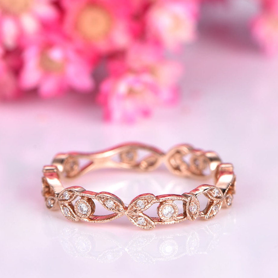Floral diamond wedding band rose gold full eternity wedding ring infinity stacking matching band bridal ring anniversary Christmas gift