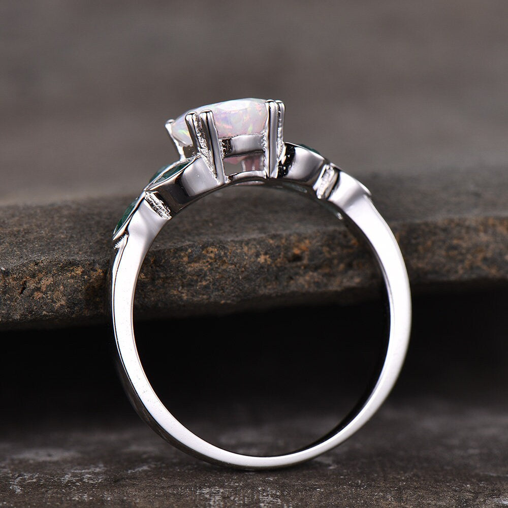 Opal Ring,Opal and Emerald Engagement Ring,Sterling Silver Ring,October Birthstone,Promise Ring, Gold Ring