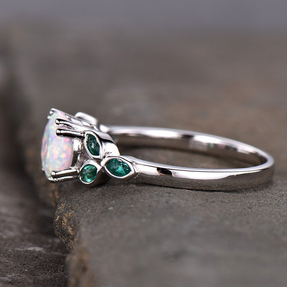 Opal Ring,Opal and Emerald Engagement Ring,Sterling Silver Ring,October Birthstone,Promise Ring, Gold Ring