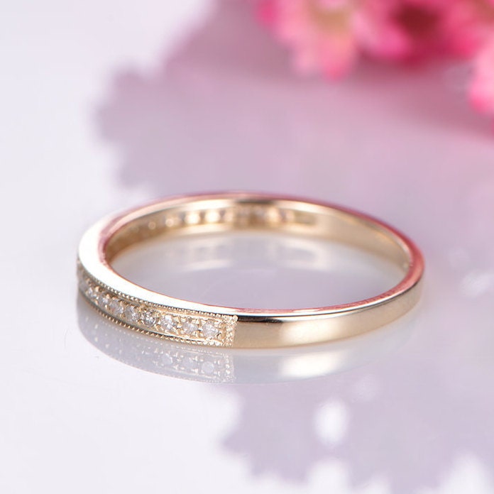 14k yellow gold diamond wedding band half eternity stacking matching band milgrain style pave set natural diamond anniversary ring