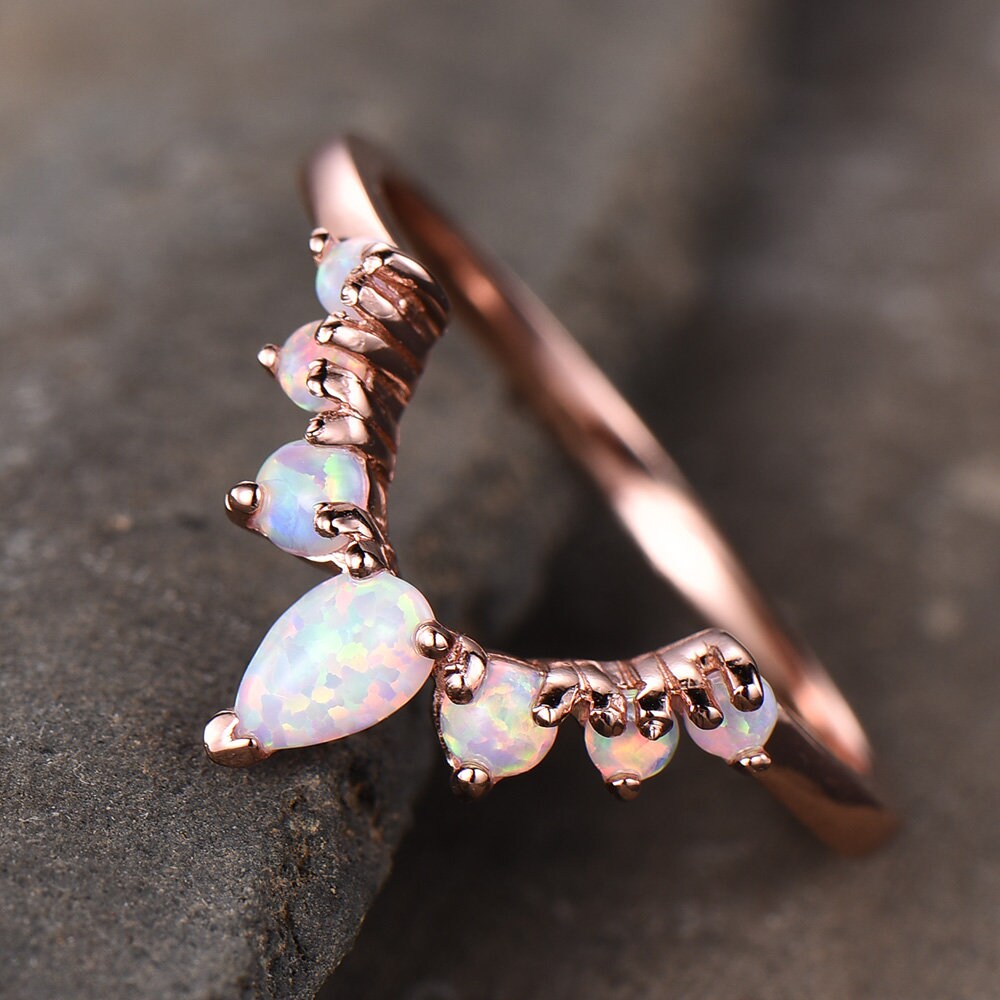 White Fire Opal Ring,Opal Matching Band,Curve Stacking Ring,Rose Gold Plated,October Birthston,Promise Ring