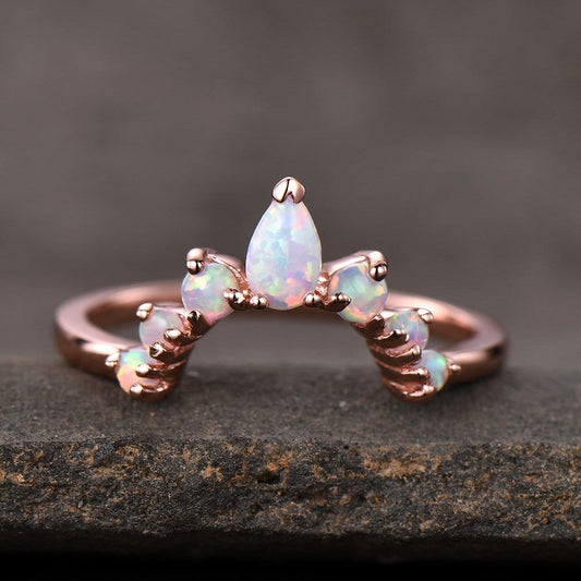 White Fire Opal Ring,Opal Matching Band,Curve Stacking Ring,Rose Gold Plated,October Birthston,Promise Ring