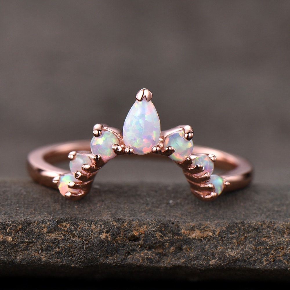 White Fire Opal Ring,Opal Matching Band,Curve Stacking Ring,Rose Gold Plated,October Birthston,Promise Ring