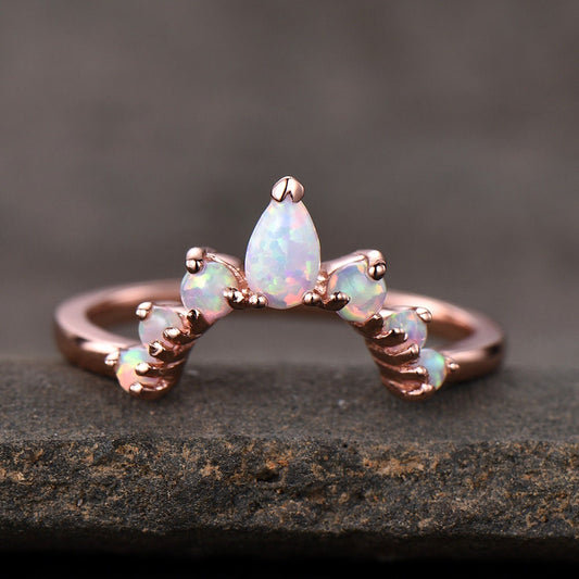 White Fire Opal Ring,Opal Matching Band,Curve Stacking Ring,Rose Gold Plated,October Birthston,Promise Ring