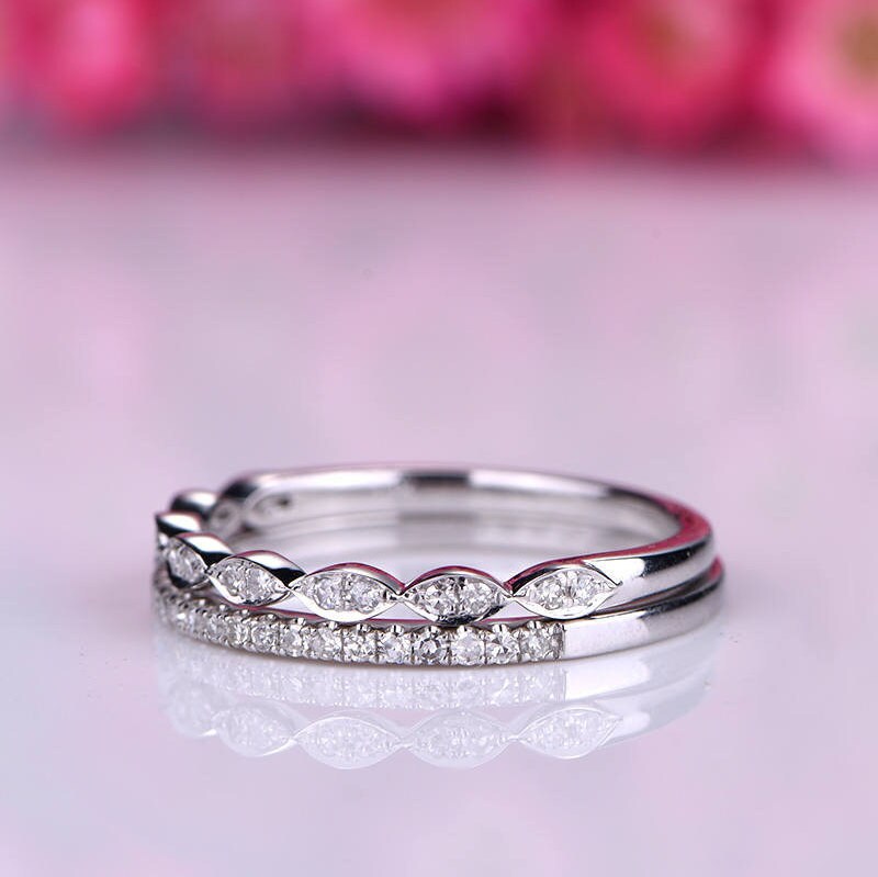 Diamond ring set diamond wedding band half eternity ring milgrain matching band stacking ring,14k white gold bridal ring petite ring