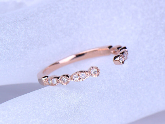 Diamond ring diamond wedding band open gap stacking matching band 14k rose gold ring Marquise set Milgrain style ring promise ring