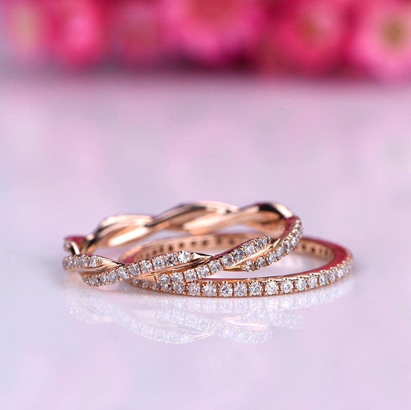 Diamond ring set diamond wedding band full eternity ring twisted style stacking ring solid 14k rose gold promise ring bridal ring set