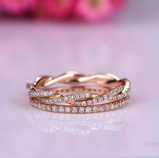 Diamond ring set diamond wedding band full eternity ring twisted style stacking ring solid 14k rose gold promise ring bridal ring set