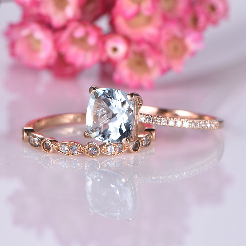 Aquamarine engagement ring set 14k rose gold art deco diamond matching band half eternity ring 8mm cushion cut natural AA aquamarine stone