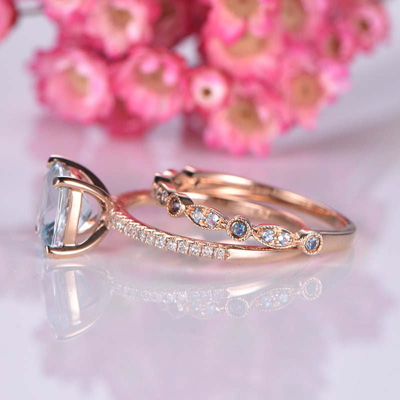 Aquamarine engagement ring set 14k rose gold art deco diamond matching band half eternity ring 8mm cushion cut natural AA aquamarine stone