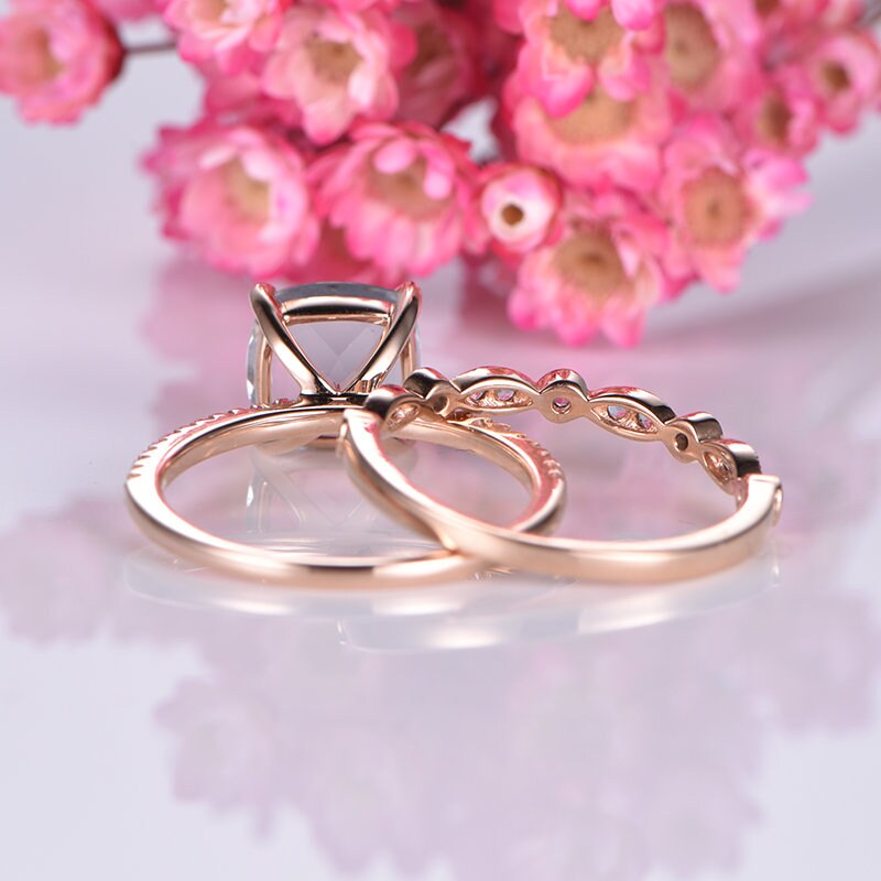 Aquamarine engagement ring set 14k rose gold art deco diamond matching band half eternity ring 8mm cushion cut natural AA aquamarine stone