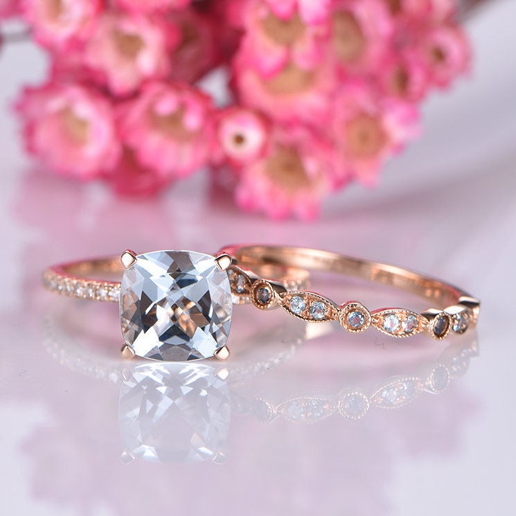 Aquamarine engagement ring set 14k rose gold art deco diamond matching band half eternity ring 8mm cushion cut natural AA aquamarine stone