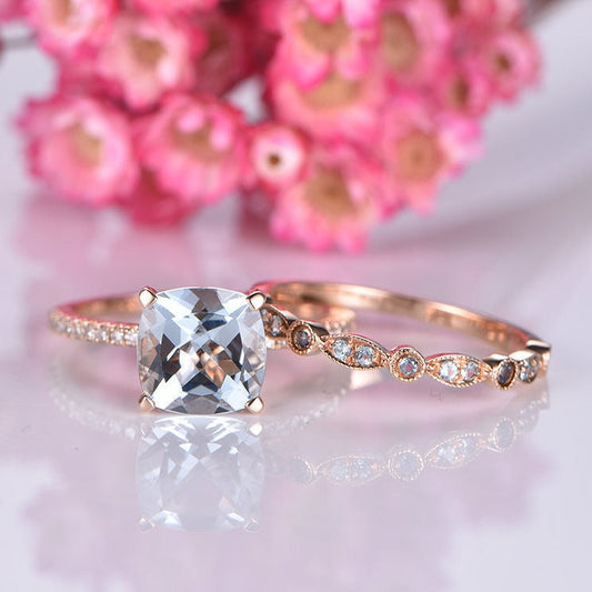 Aquamarine engagement ring set 14k rose gold art deco diamond matching band half eternity ring 8mm cushion cut natural AA aquamarine stone