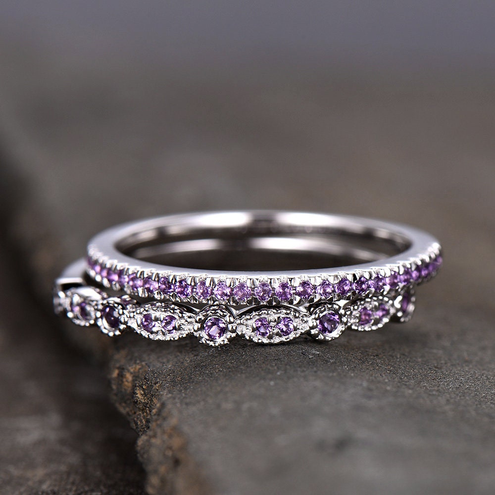 Unique Sterling Silver Ring Amethyst Wedding Ring Set Art Deco Wedding Band Half Eternity Matching Band Anniversary Gift February Birthstone