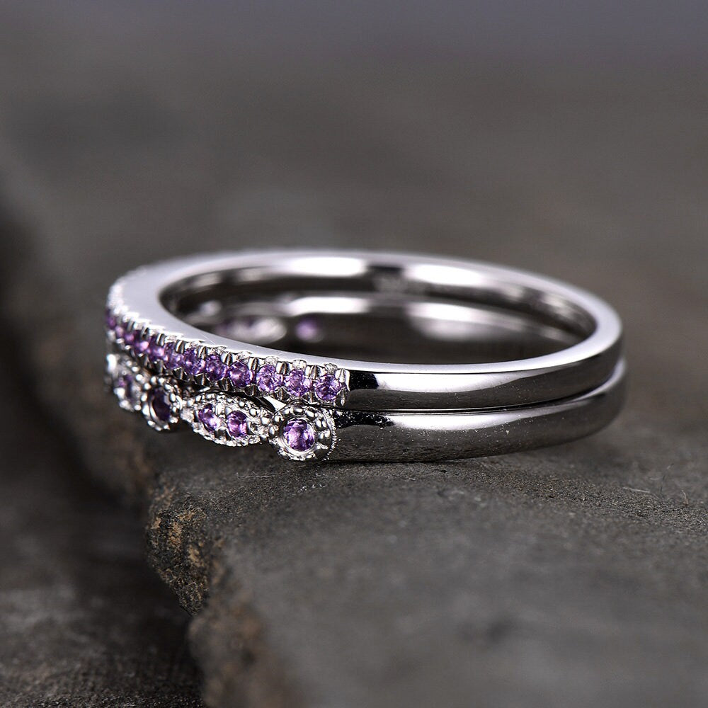 Unique Sterling Silver Ring Amethyst Wedding Ring Set Art Deco Wedding Band Half Eternity Matching Band Anniversary Gift February Birthstone