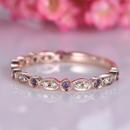 Amethyst diamond ring 14k rose gold 3/4 eternity promise ring natural birthstone matching band pave set Milgrain Marquise Style
