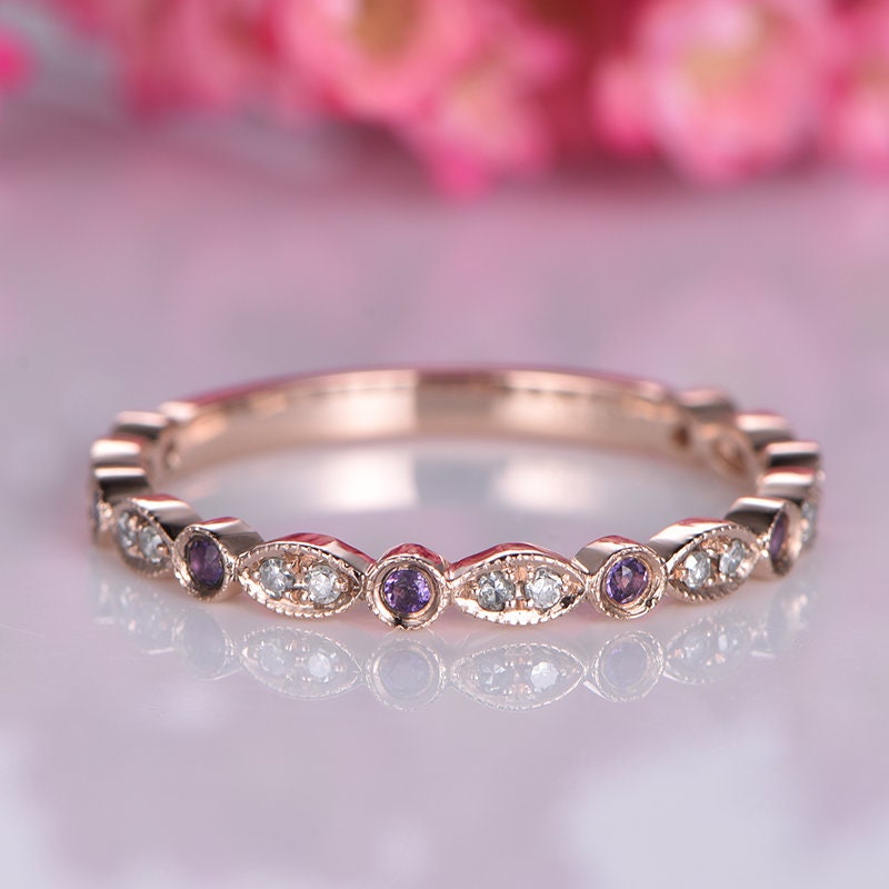 Amethyst diamond ring 14k rose gold 3/4 eternity promise ring natural birthstone matching band pave set Milgrain Marquise Style