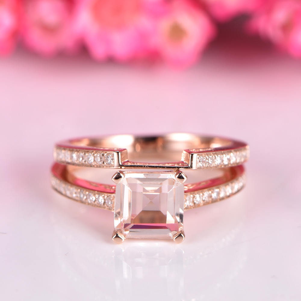 Morganite engagement ring set asscher cut morganite ring natural gemstone half eternity diamond matching band stacking ring 14k rose gold